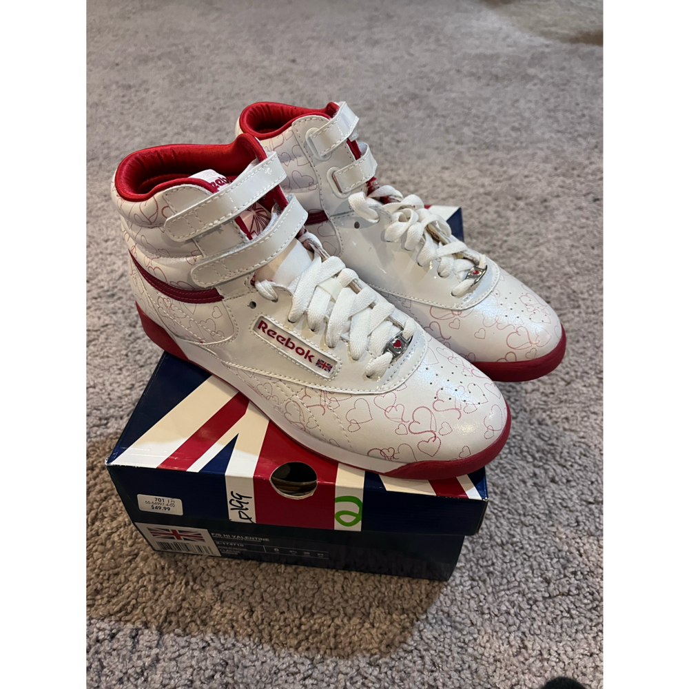 Reebok White and Red Women's High-Top Athletic Sneakers with Heart Detail
